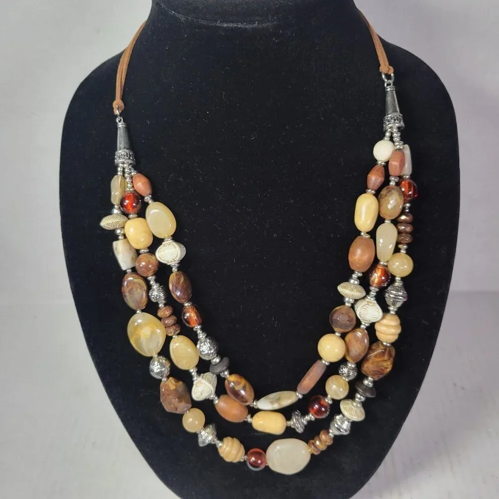 Multi-Color Beaded Necklace With Silver Accents & Adjustable Leather Cord